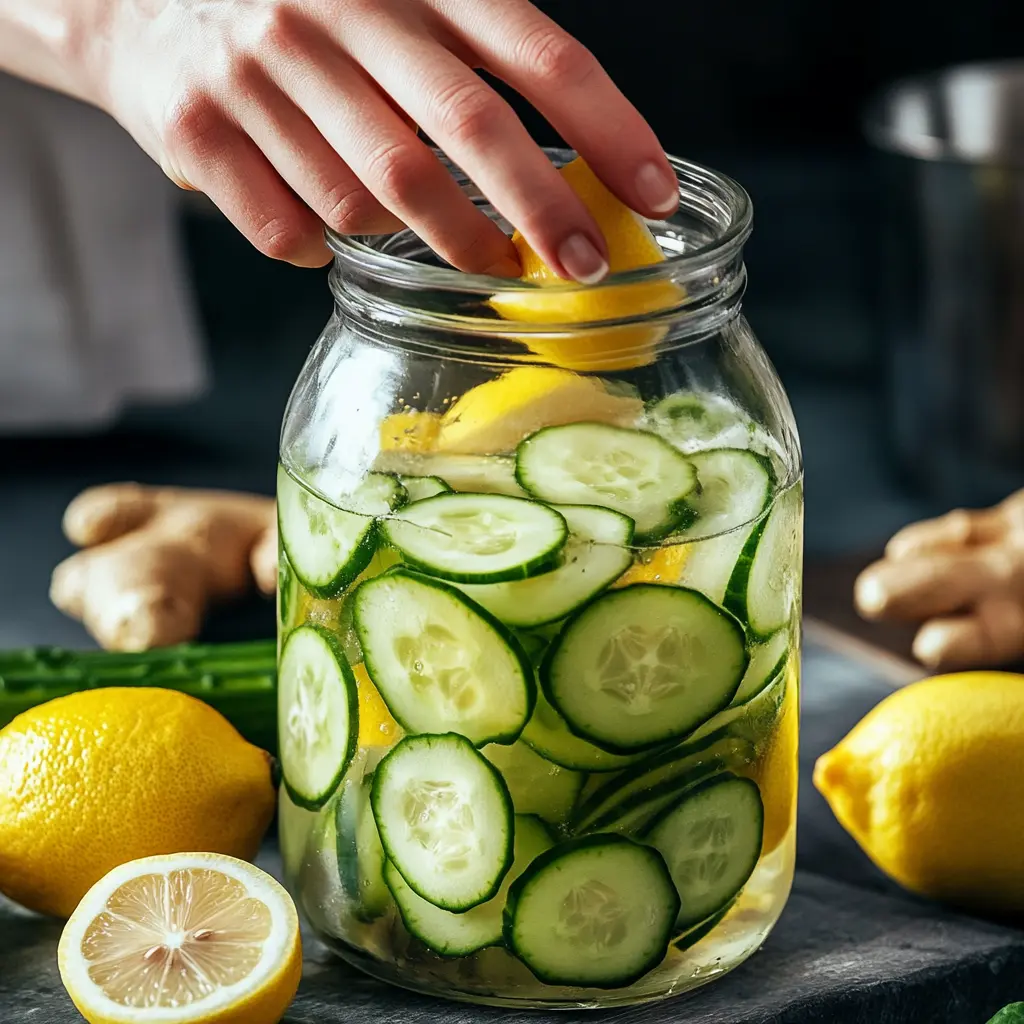Adding lemon, cucumber, and ginger slices to water for a detoxifying drink.