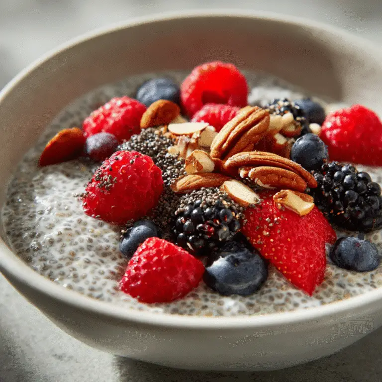 Chia seed pudding with fresh berries and nuts in a modern kitchen setting