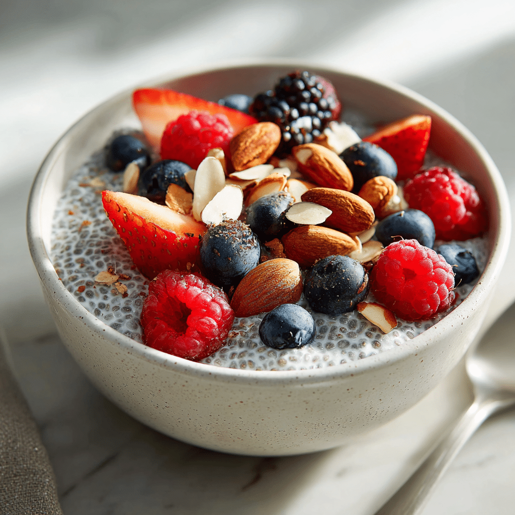 Chia seed pudding with fresh berries and nuts in a modern kitchen setting