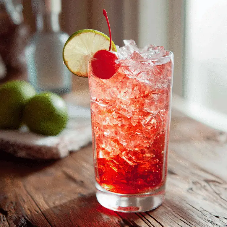 Freshly made Shirley Temple drink with ice cubes, maraschino cherry, and lime slice