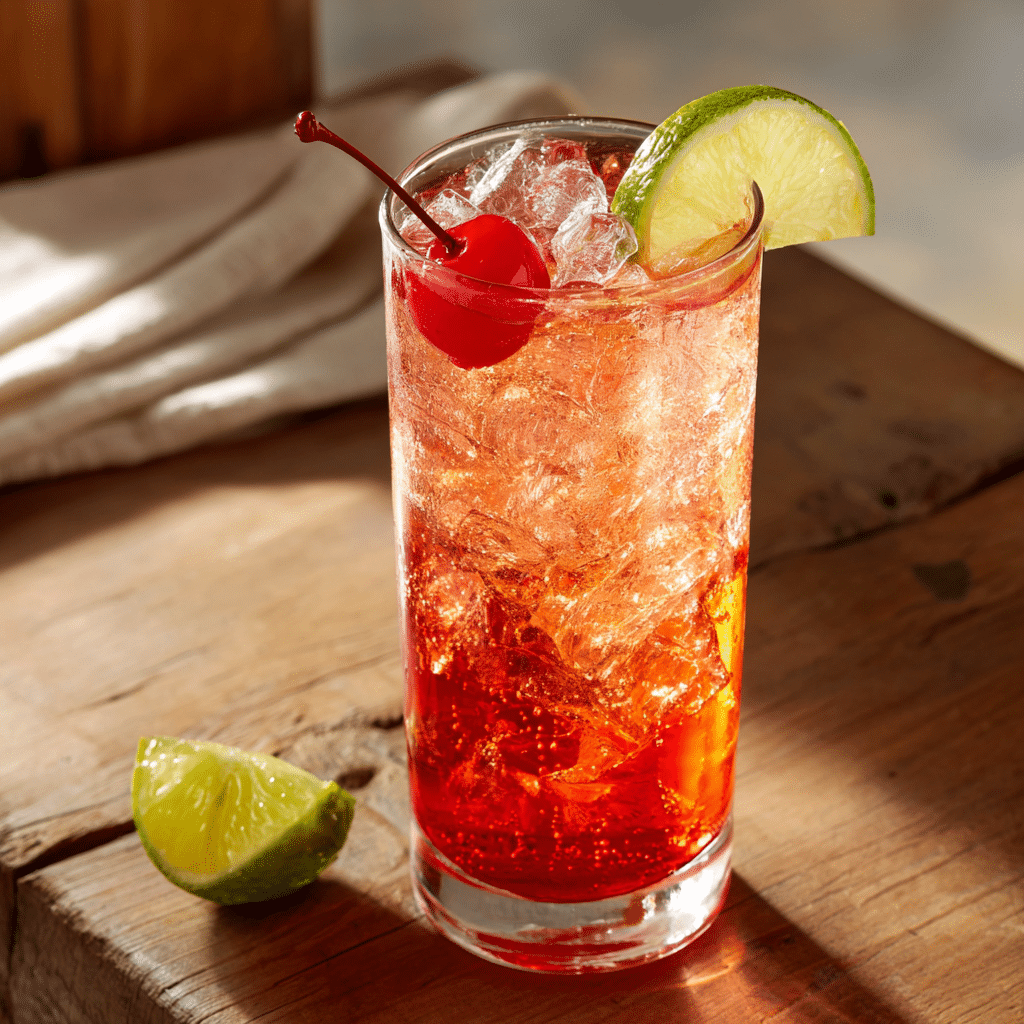 Freshly made Shirley Temple drink with ice cubes, maraschino cherry, and lime slice