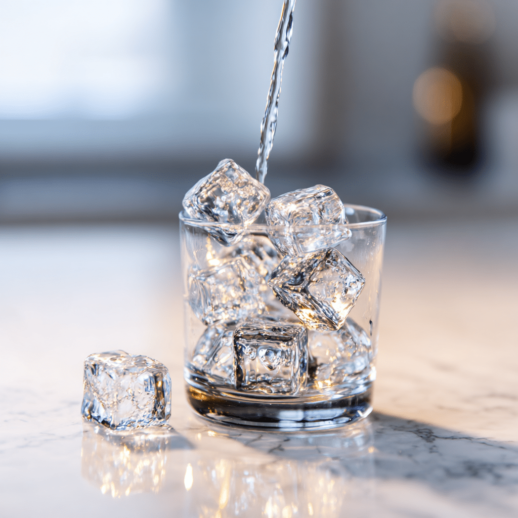 Placing ice cubes into a glass for weight loss drink
