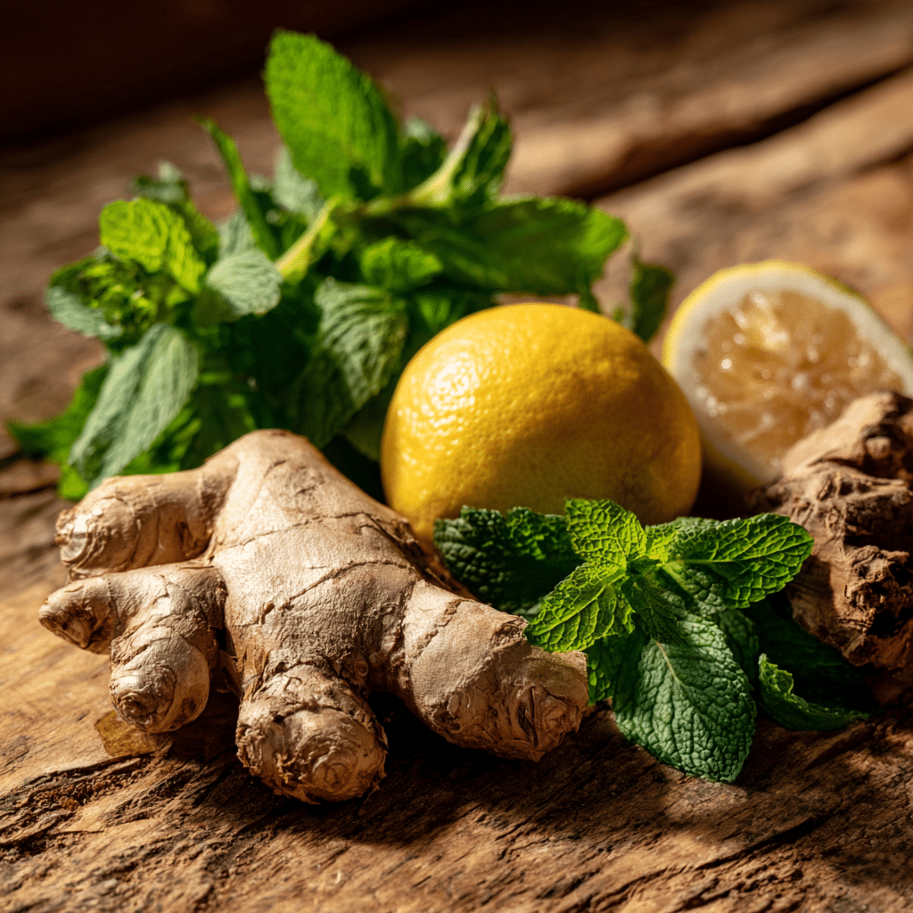Fresh ingredients for Japanese Mounjaro drink, including herbs and fruits