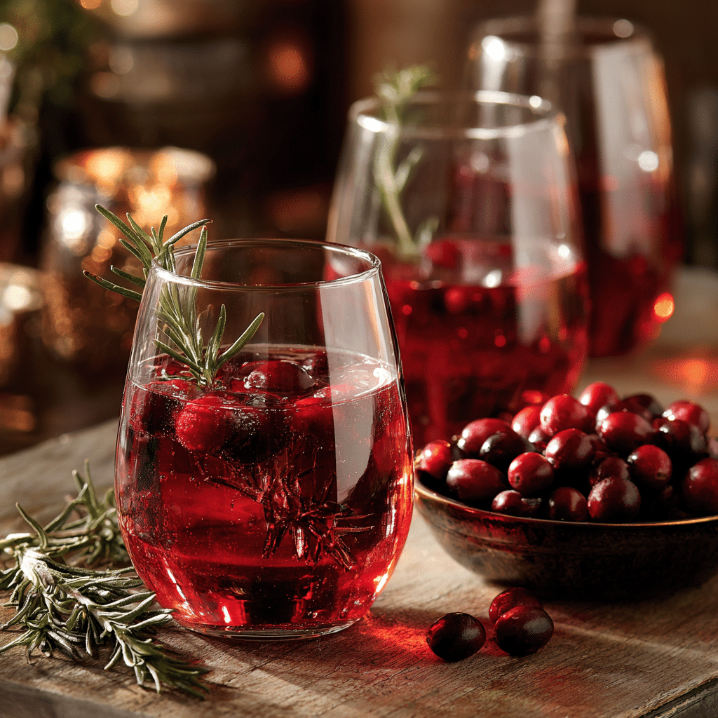 Preparing glasses for cranberry mocktail spritzer with rosemary garnishes
