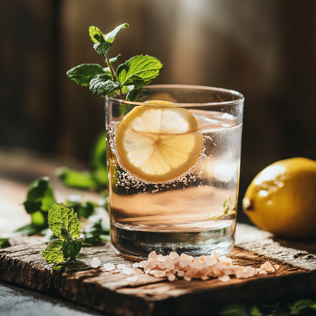 Pink Himalayan salt dissolved in warm water with a slice of lemon, promoting hydration and weight loss.