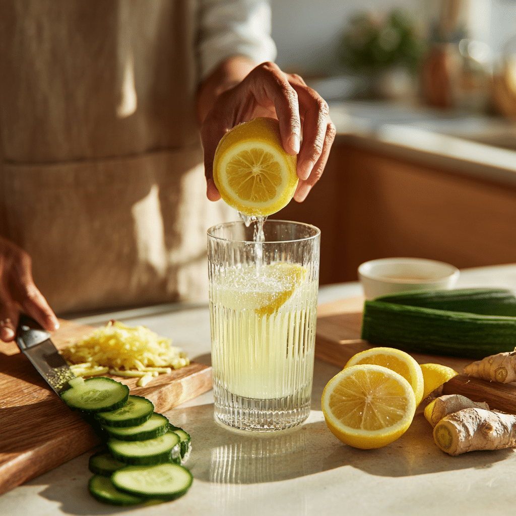 Making Japanese Mounjaro drink - squeezing lemon, adding ginger and cucumber