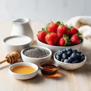 Ingredients for chia seed pudding including chia seeds, almond milk, honey, and vanilla extract