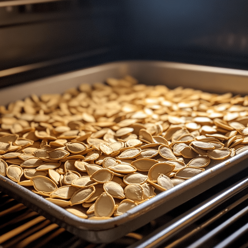 Pumpkin seeds drying on a baking sheet in the oven.