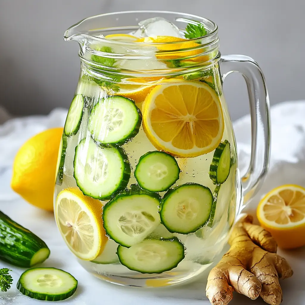 Lemon ginger cucumber water in a jug, promoting hydration and weight loss.