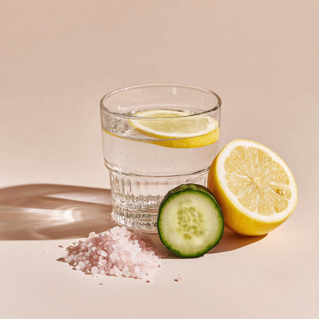 Served glass of water with pink Himalayan salt, lemon, and cucumber for weight loss