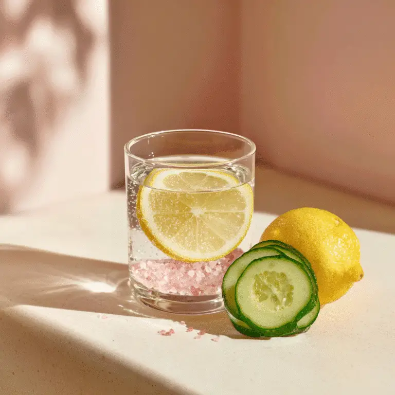 Served glass of water with pink Himalayan salt, lemon, and cucumber for weight loss