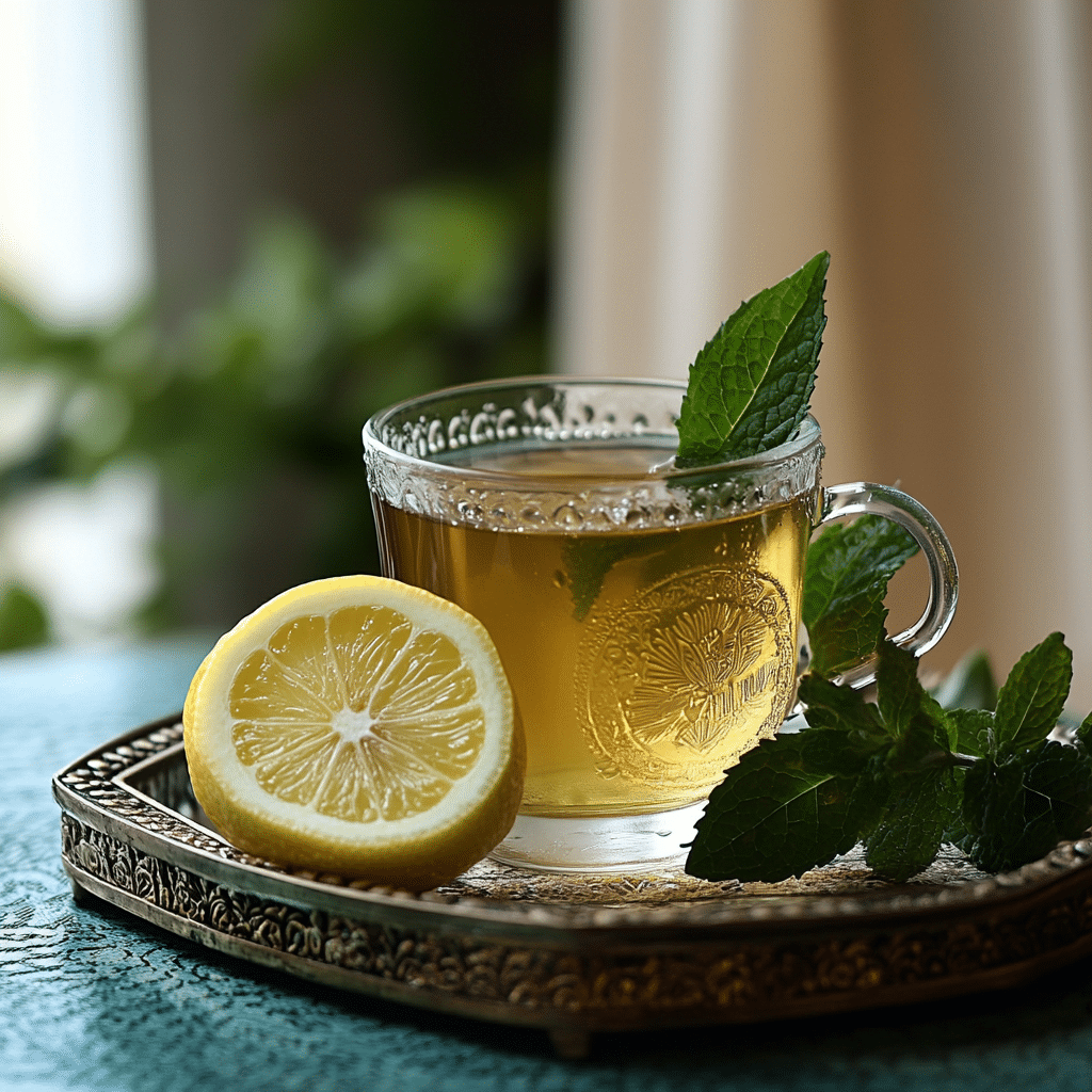 A serene cup of lemon balm tea served with a slice of lemon and mint, perfect for relaxation and weight loss.