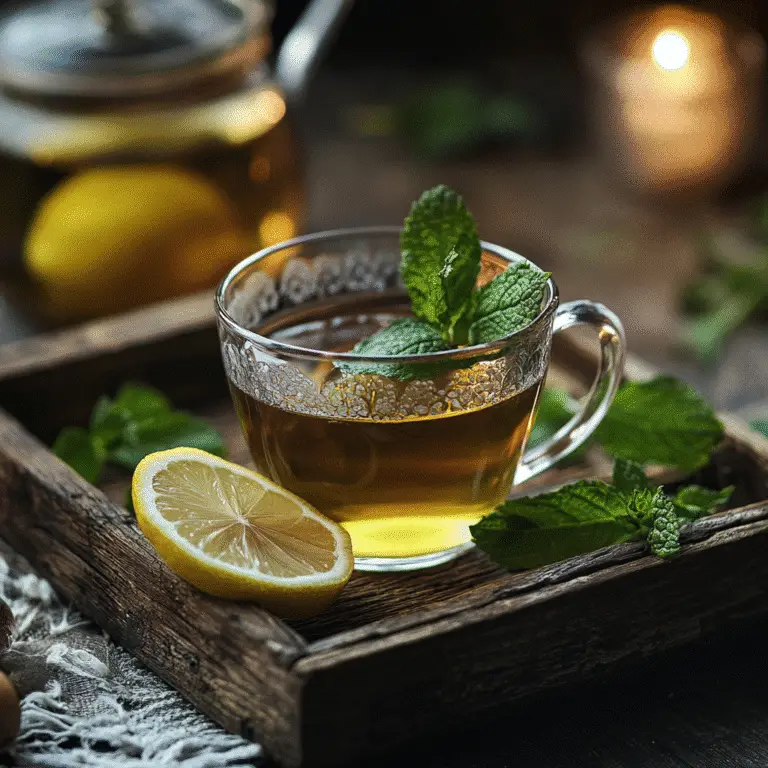 A serene cup of lemon balm tea served with a slice of lemon and mint, perfect for relaxation and weight loss.