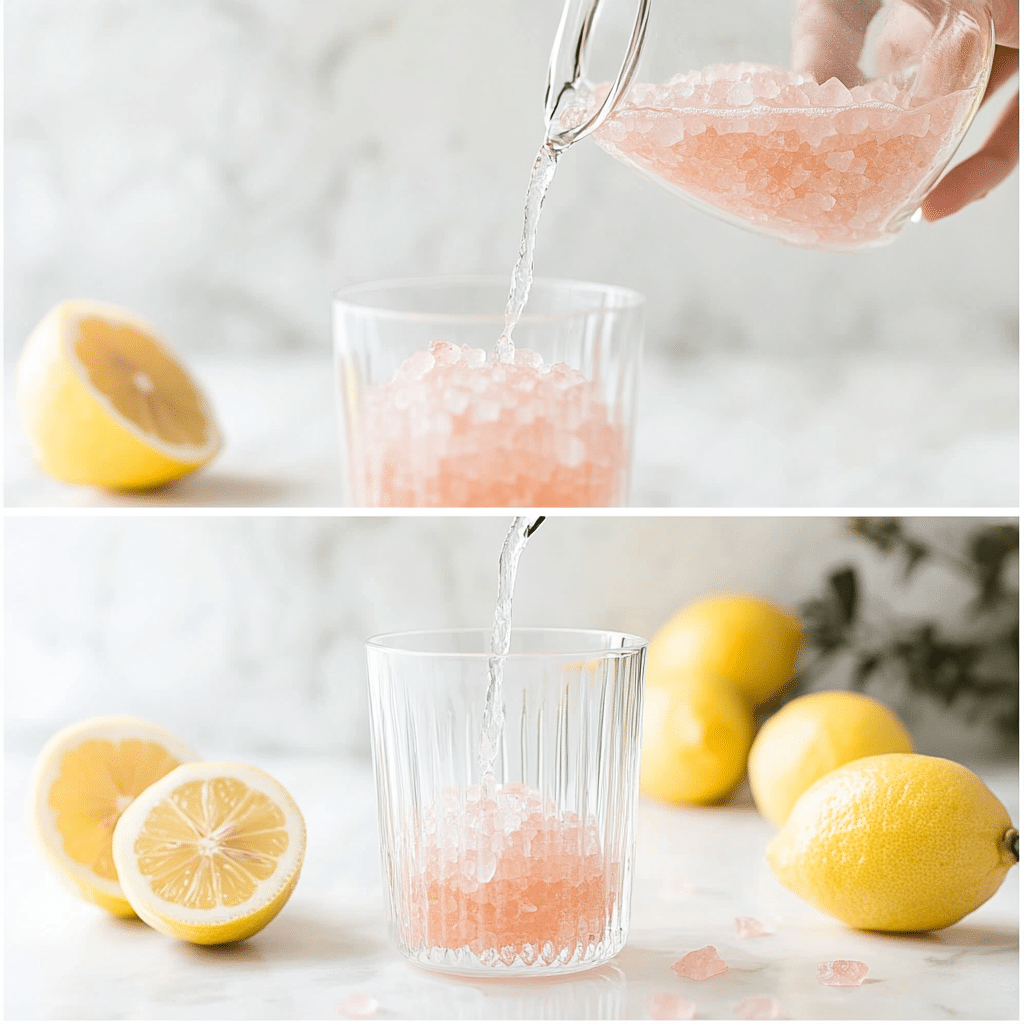 Step-by-step process of preparing Pink Salt Weight Loss Recipe with pink Himalayan salt, lemon juice, and water.