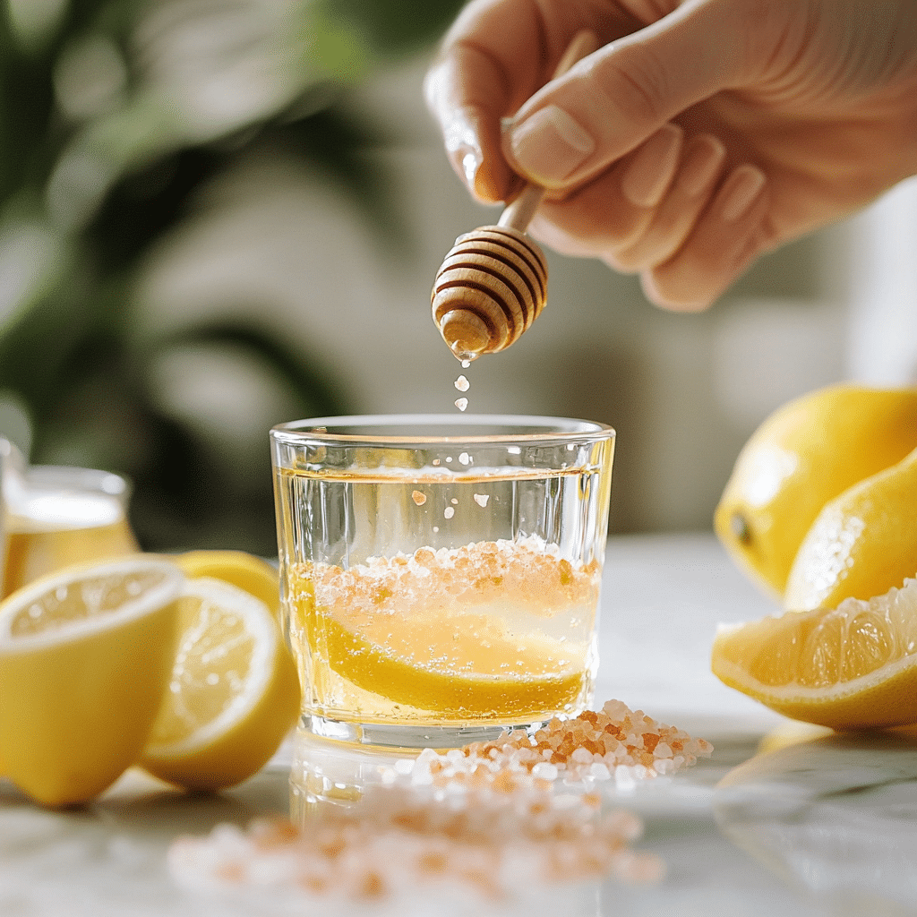 Making the Pink Salt Diet Trick – Adding pink Himalayan salt to water with lemon juice.