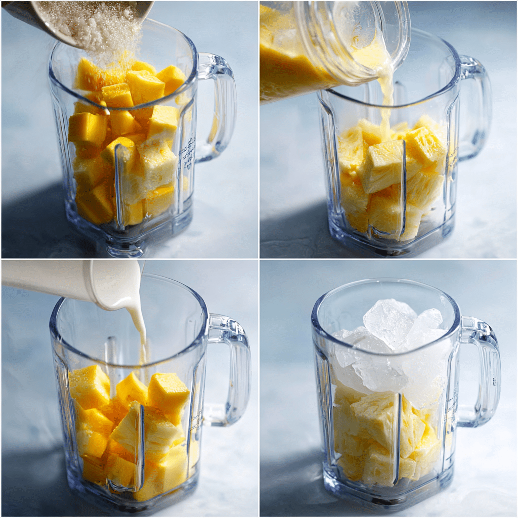 Step-by-step preparation of a summer drink with mango and pineapple