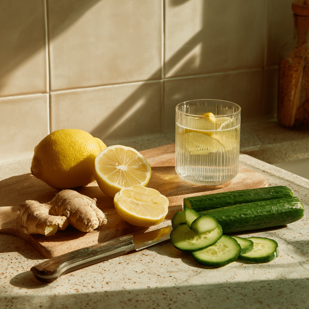 Preparing ingredients for Japanese Mounjaro drink with fresh lemon, cucumber, and ginger