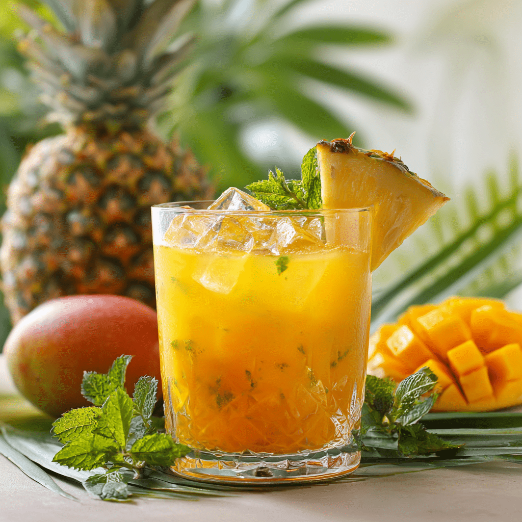 Refreshing summer drink with mango and pineapple, garnished with mint and pineapple slices