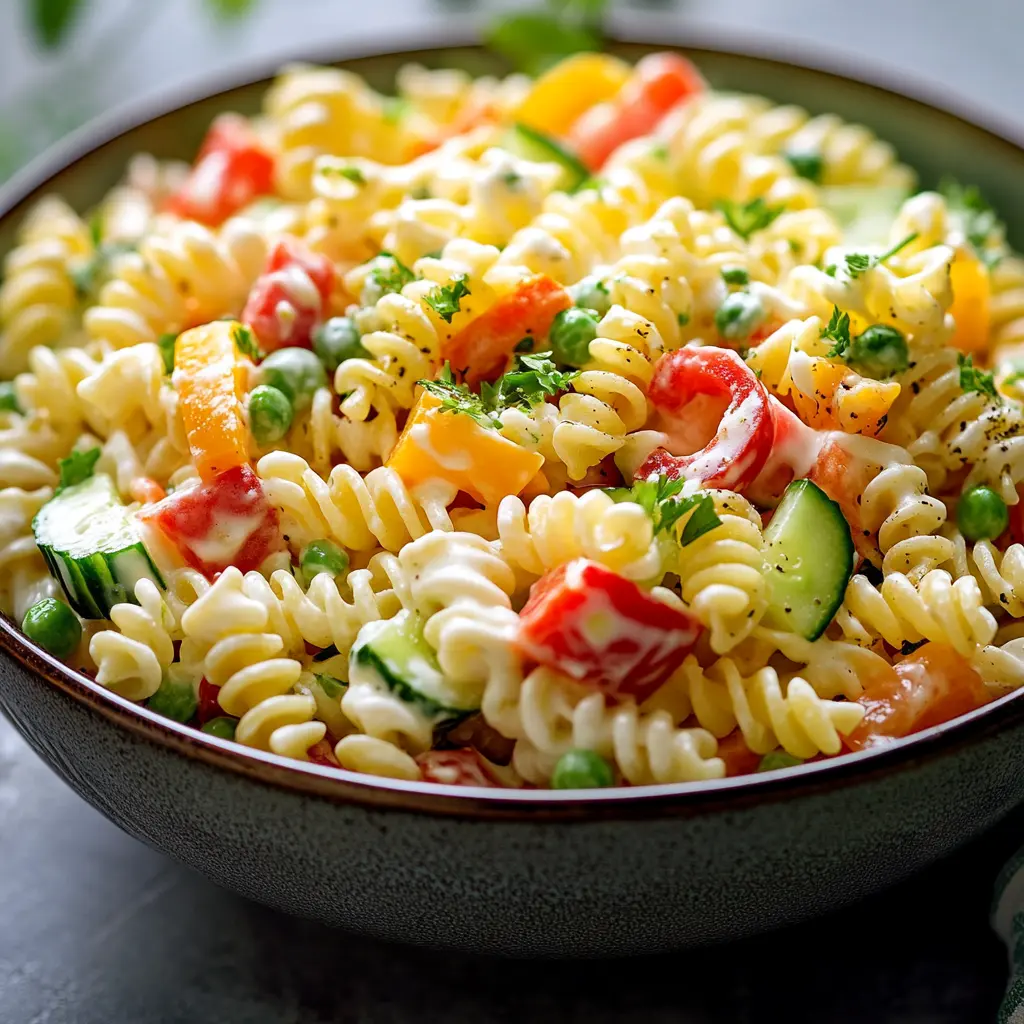 Creamy pasta salad with mixed vegetables and a mayonnaise-based dressing.