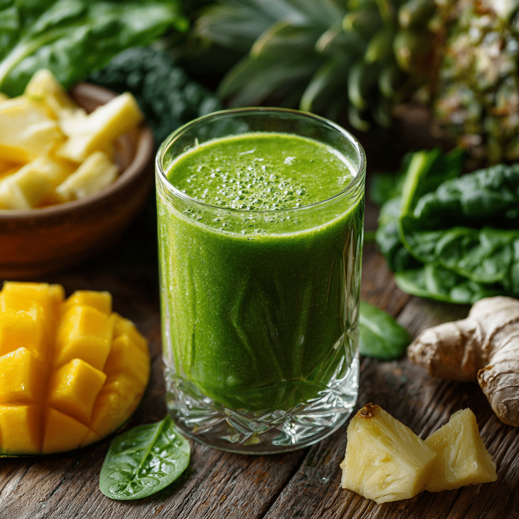 Detox Island Green Smoothie made with spinach, kale, pineapple, mango, and coconut water
