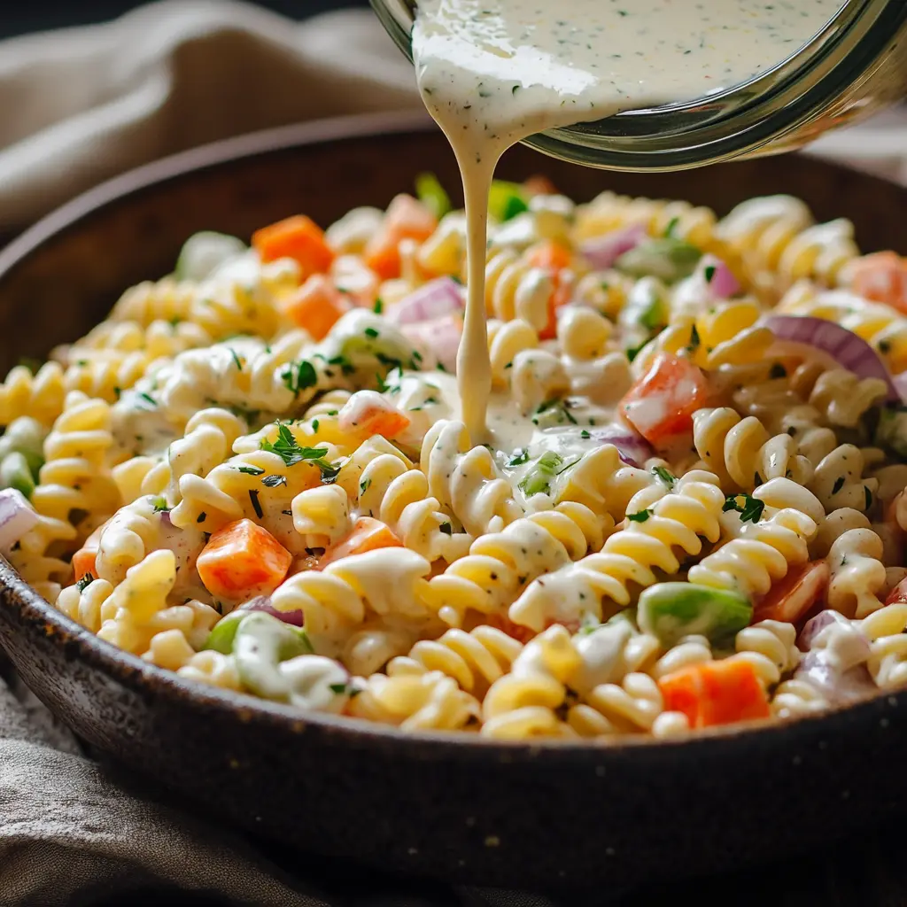 Mixing creamy dressing with pasta and vegetables in a large bowl.