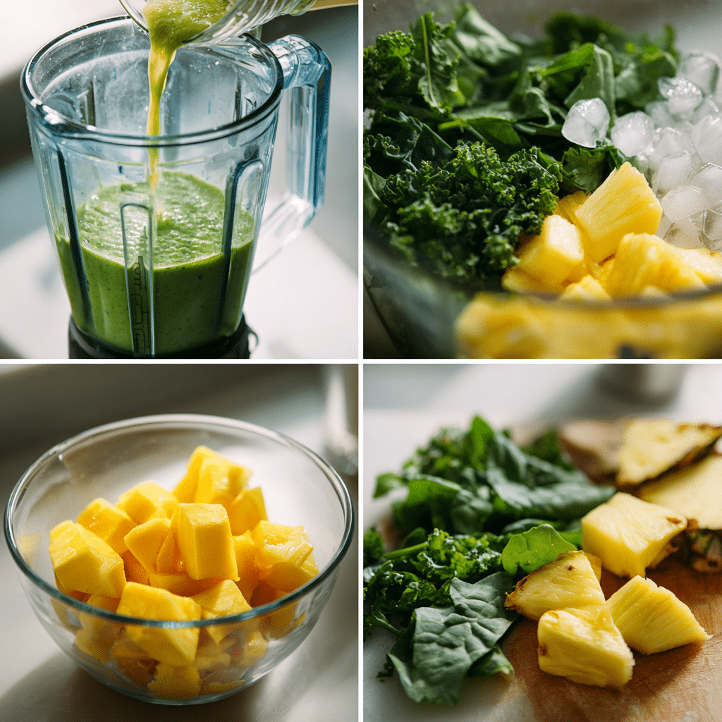 Fresh ingredients for Detox Island Green Smoothie: spinach, kale, pineapple, mango, and coconut water