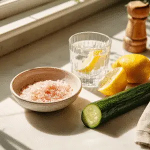 Ingredients for Oprah's Pink Salt Trick for Weight Loss: pink salt, water, lemon, cucumber