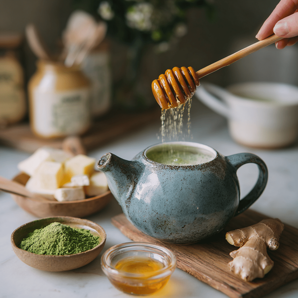 Making Japanese Mounjaro tea - adding matcha, ginger, and green tea
