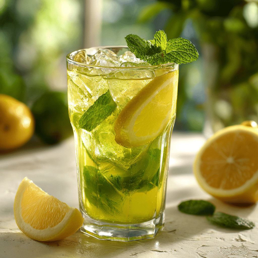Refreshing glass of Iced Green Tea with lemon and mint