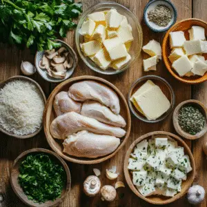 Ingredients for Cheesy Garlic Butter Mushroom Stuffed Chicken including chicken breasts, garlic, cheese, mushrooms, and butter.