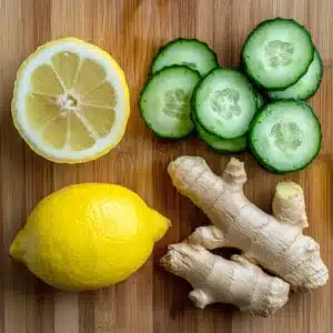 Ingredients for lemon ginger cucumber water: fresh lemon, cucumber, and ginger.