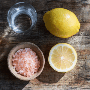 Ingredients for the Pink Salt Weight Loss Recipe: pink Himalayan salt, lemon, and warm water.