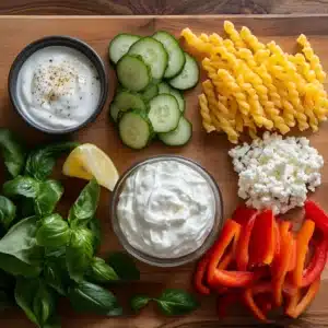 Ingredients for creamy pasta salad: mayonnaise, Greek yogurt, vegetables, and lemon.