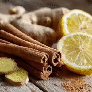 Key ingredients for Natural Mounjaro drink: cinnamon, ginger, and lemon