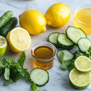Fresh ingredients for lemon-lime fizz mocktail including lemons, limes, honey, apple cider vinegar