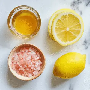 Ingredients for Pink Salt Trick – Pink Himalayan salt, lemon, honey, and water.