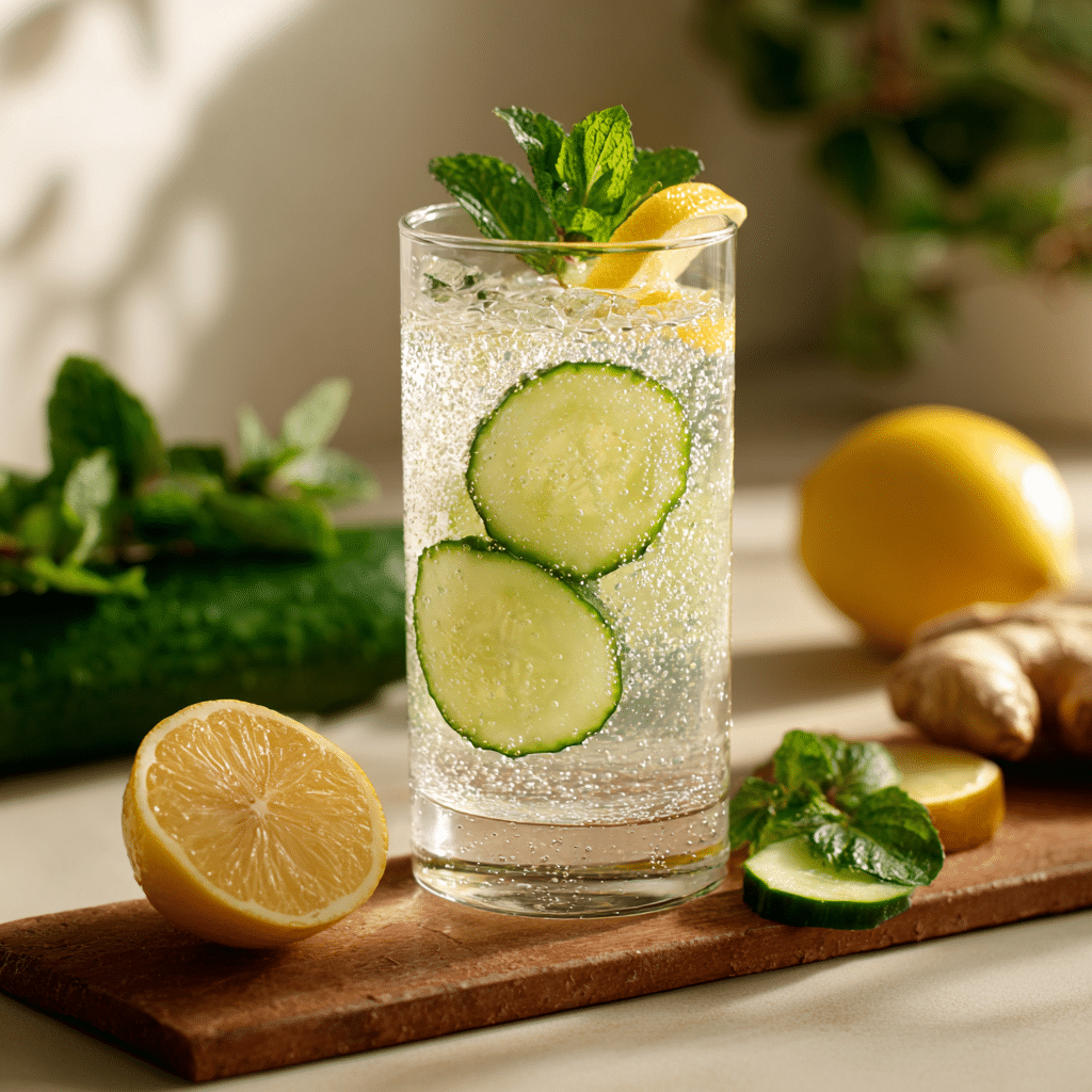 Japanese Mounjaro drink served in a glass with cucumber, lemon, and mint for detox and weight loss