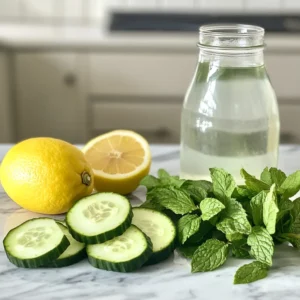 Ingredients for Lemon Mint and Cucumber Water: cucumber, mint leaves, lemon, and cold water