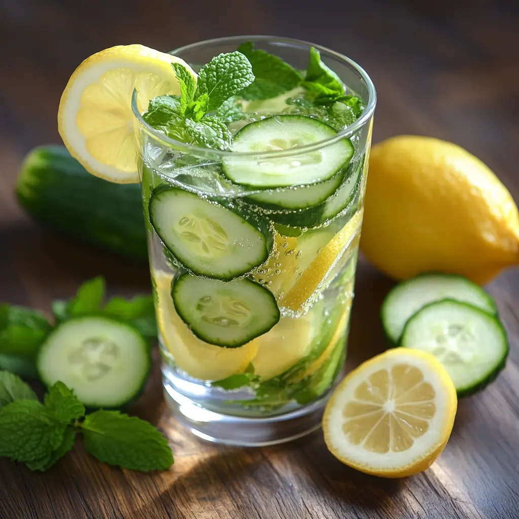 Lemon Mint and Cucumber Water in a clear glass with cucumber slices, mint leaves, and lemon wedge