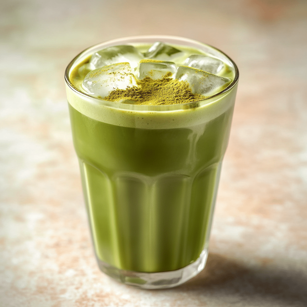 Low Calorie Iced Matcha Latte in a clear glass with ice cubes and matcha garnish