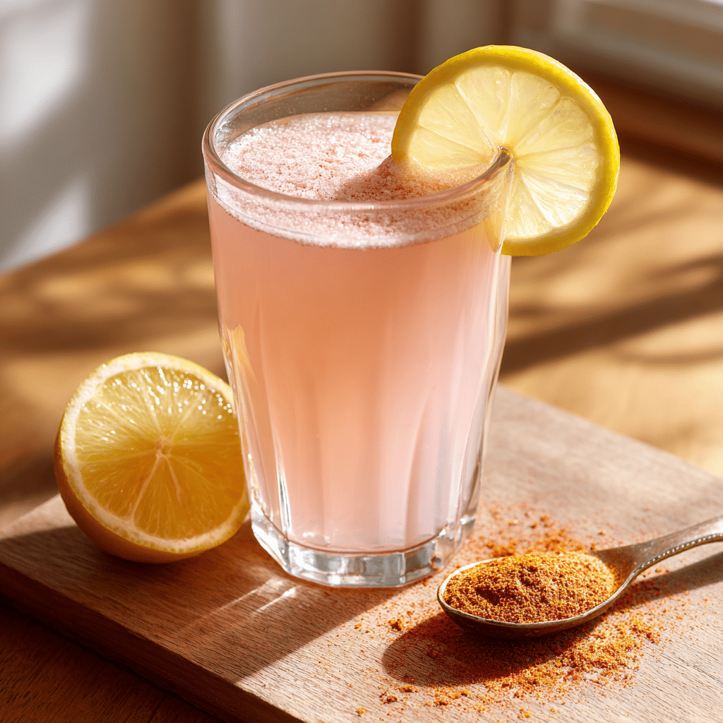 Final Pink Salt Diet Recipe Drink Ready to Serve with Lemon and Cayenne Pepper