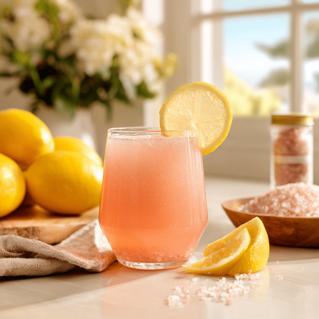 Finished Pink Salt Weight Loss Drink Served with Lemon