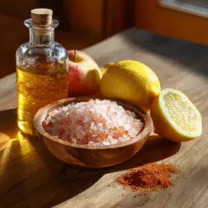 Ingredients for Japanese Pink Salt Diet Drink: Pink Himalayan Salt, Apple Cider Vinegar, Lemon, Cayenne Pepper