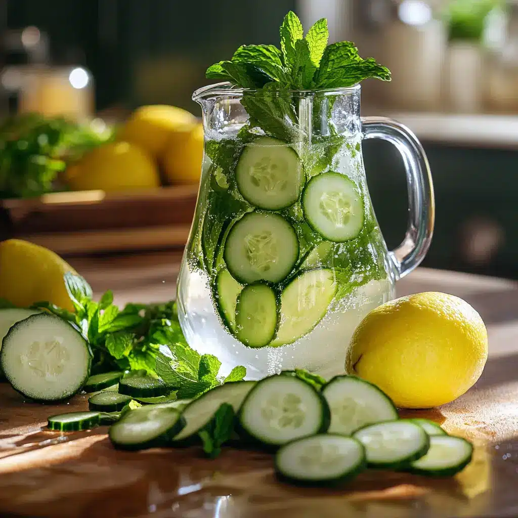 Slicing cucumber and adding fresh mint and lemon juice to a jug for Lemon Mint Water