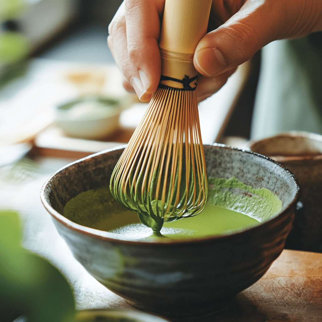 Whisking matcha powder with hot water to form a smooth paste for iced matcha latte