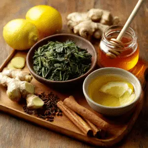 Ingredients for Natural Mounjaro Tea: Ginger, Cinnamon, Green Tea, Lemon