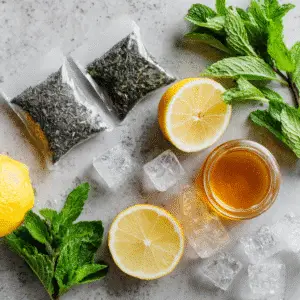 Ingredients for Iced Green Tea – green tea bags, mint, lemon, and ice