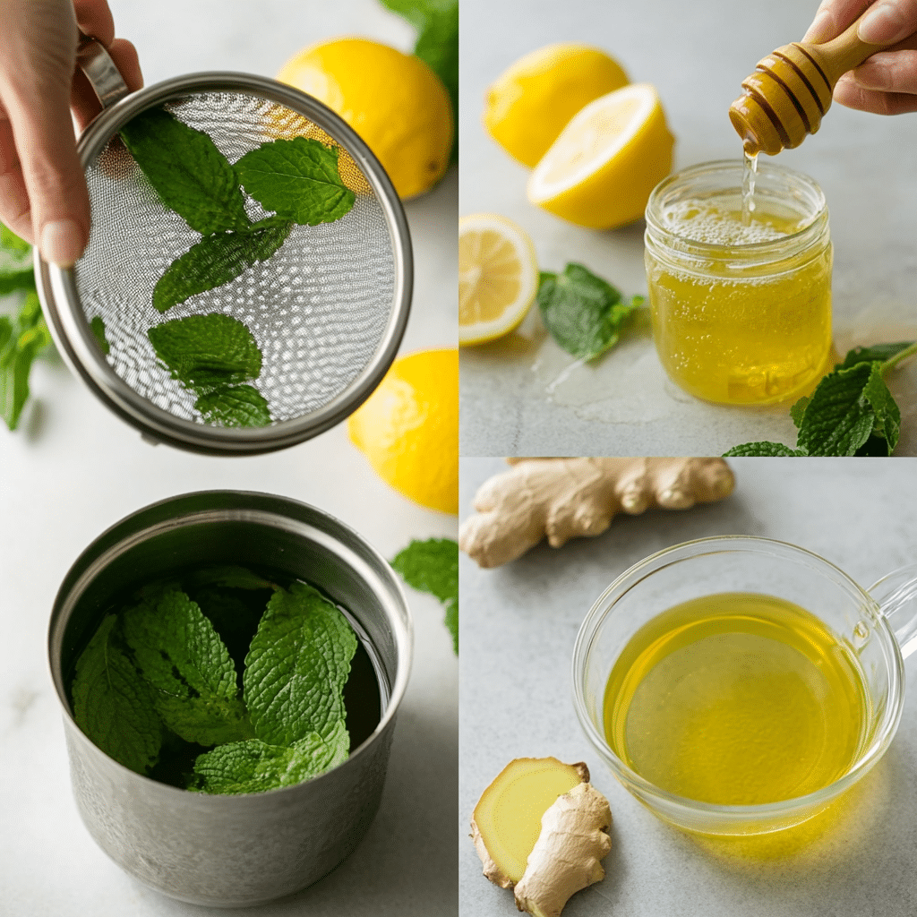 Step-by-step preparation of lemon balm tea for weight loss, including steeping lemon balm leaves in hot water.