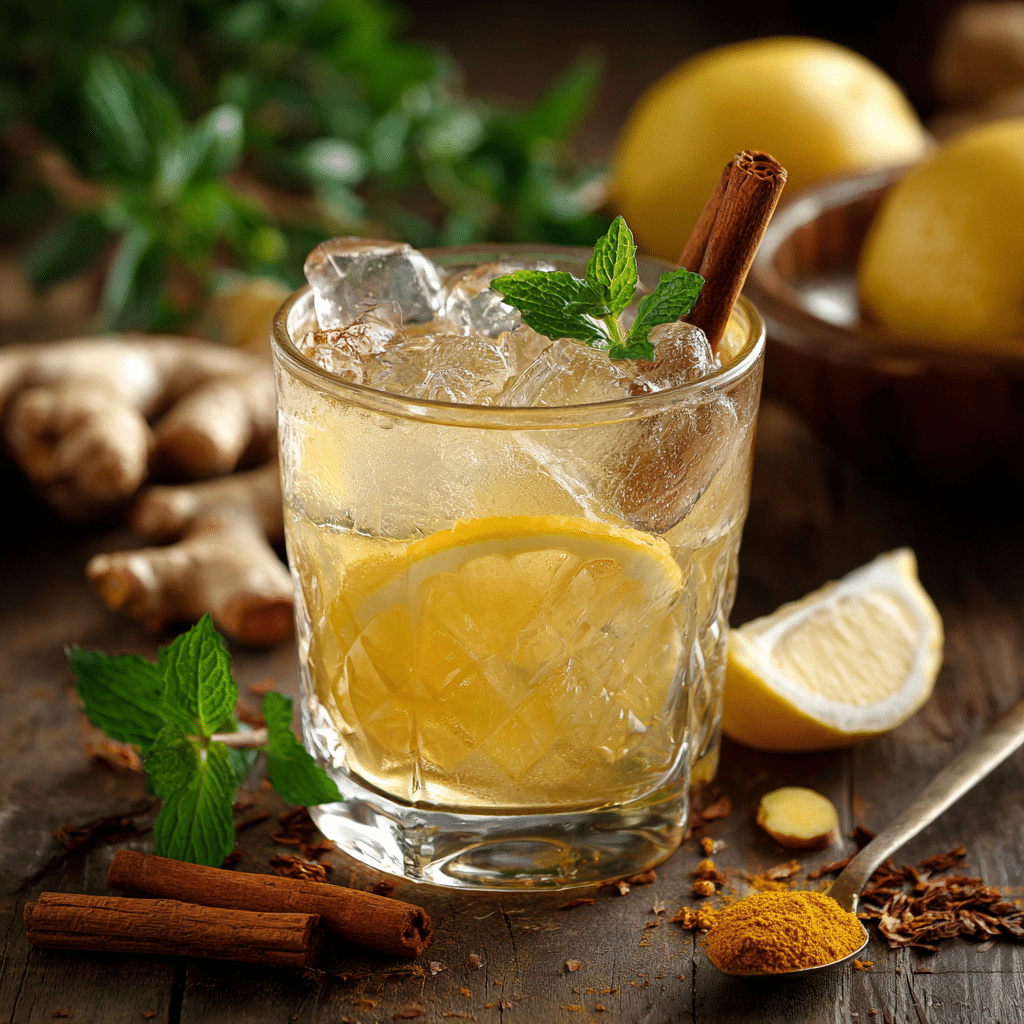 Natural Ozempic drink served cold with ice, cinnamon, lemon, and mint garnish.