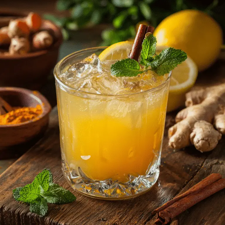 Natural Ozempic drink served cold with ice, cinnamon, lemon, and mint garnish.